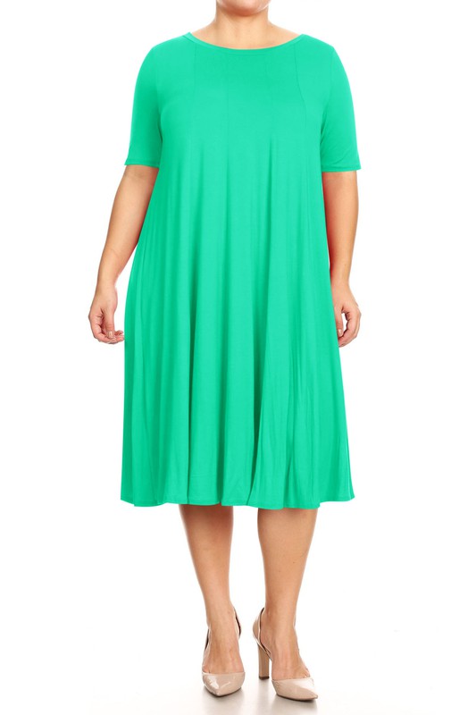 Plus Midi A-line Jersey knit Short sleeve Loose (10 Colors)