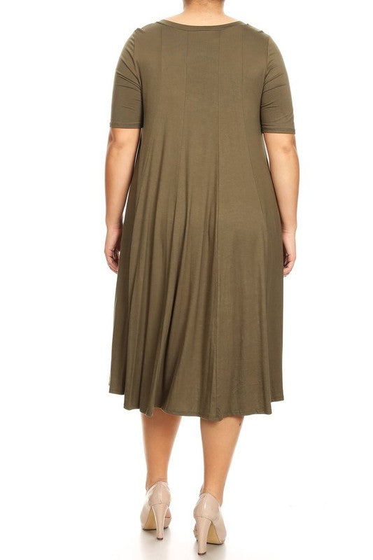 Plus Midi A-line Jersey knit Short sleeve Loose (10 Colors)