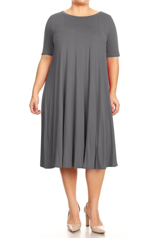 Plus Midi A-line Jersey knit Short sleeve Loose (10 Colors)