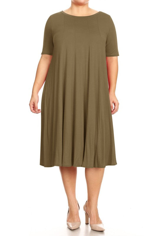 Plus Midi A-line Jersey knit Short sleeve Loose (10 Colors)