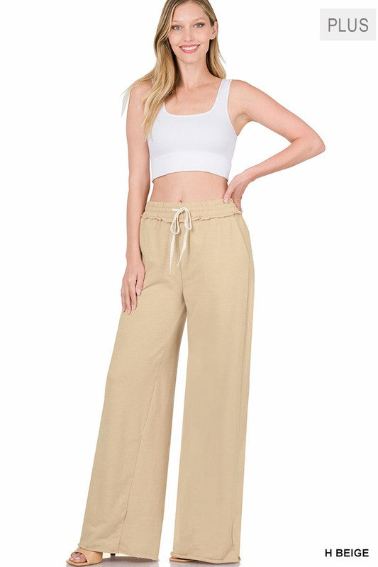 Plus F/Terry drawstring waist raw hem pants with pockets