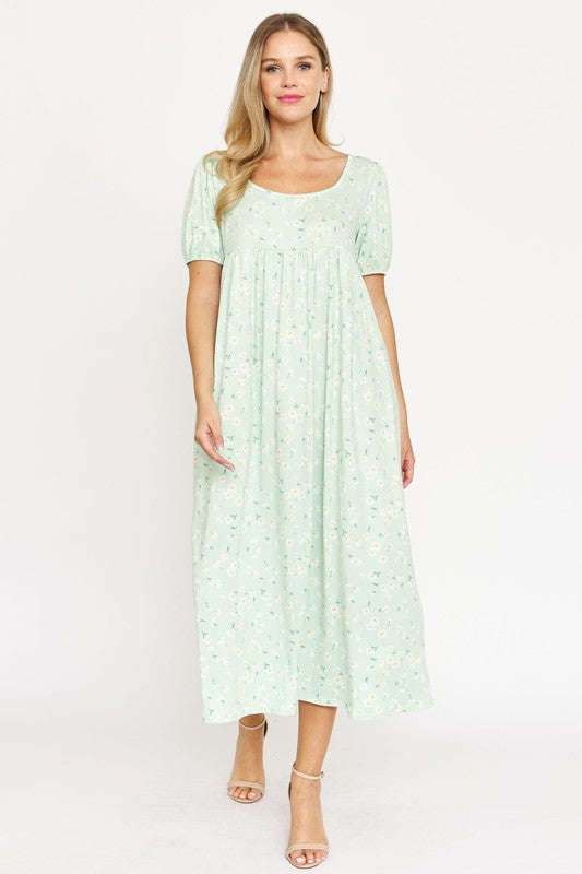 Empire Waist Floral Puff Sleeve Dress Light Sage / S Empire Waist Floral Puff Sleeve Dress Light Sage / S