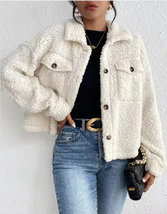 Miss Sparkling |Collared Button Faux Fur Short Coat