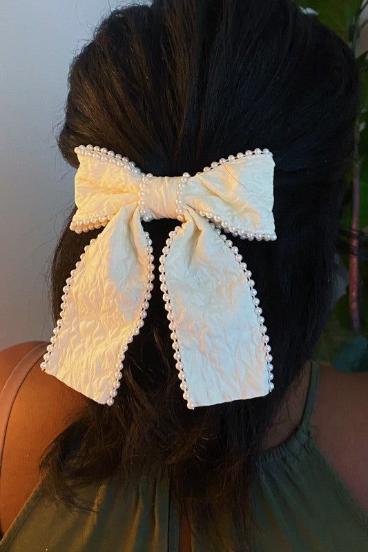 Palace Pearl Embellished Bow Barrette – Elegant Textured Hair Clip