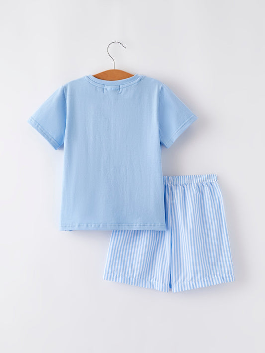 "I ❤ MOMMY" Embroidery Smocking Baby Boys Striped Shorts Set