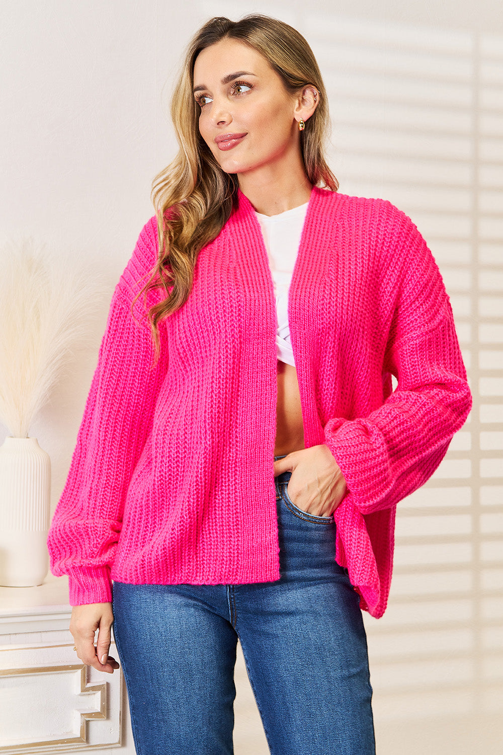 Woven Right Rib-Knit Open Front Drop Shoulder Cardigan – Sweet