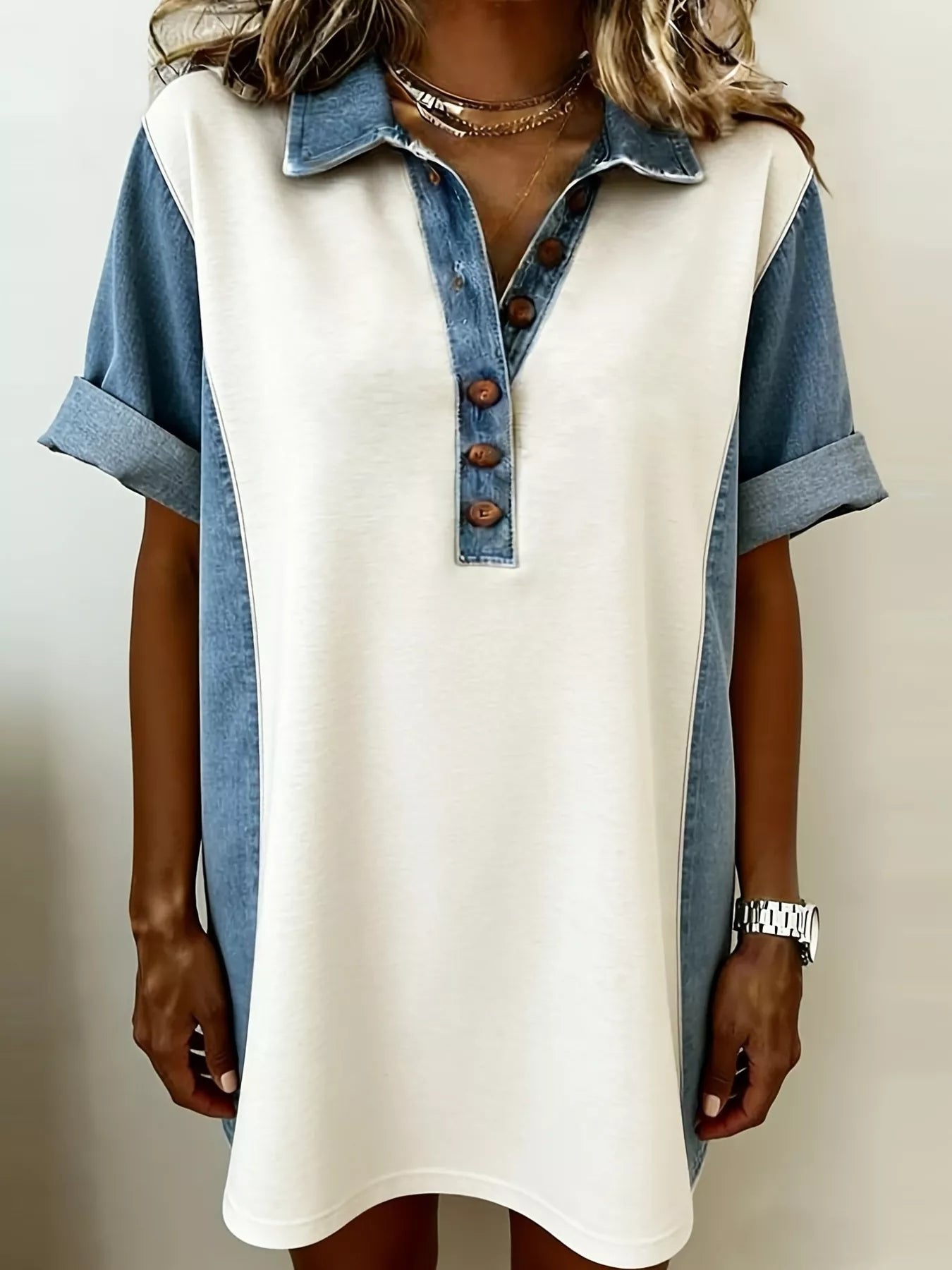 patchwork denim mini dress Denim Patchwork Button Front Mini Dress