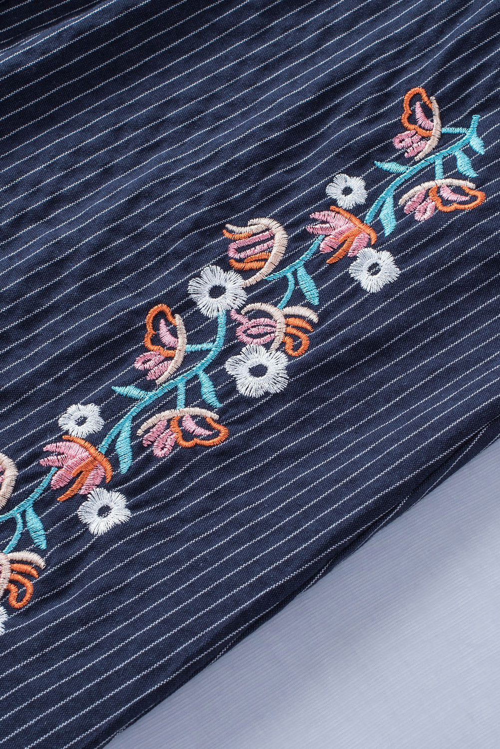 Blue Embroidered Striped Print Sleeveless Mini Dress