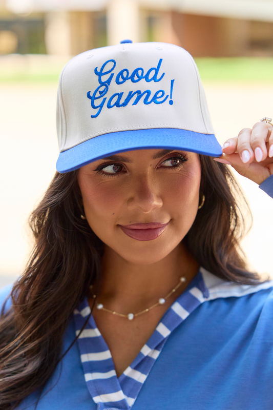 Good Game Royal/Natural Embroidered Trucker Hat