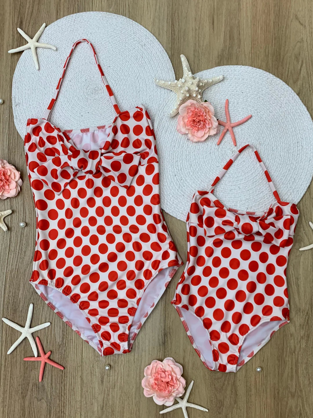 Mommy and Me Bowknot Red Polka Dot One Piece Swimsuit