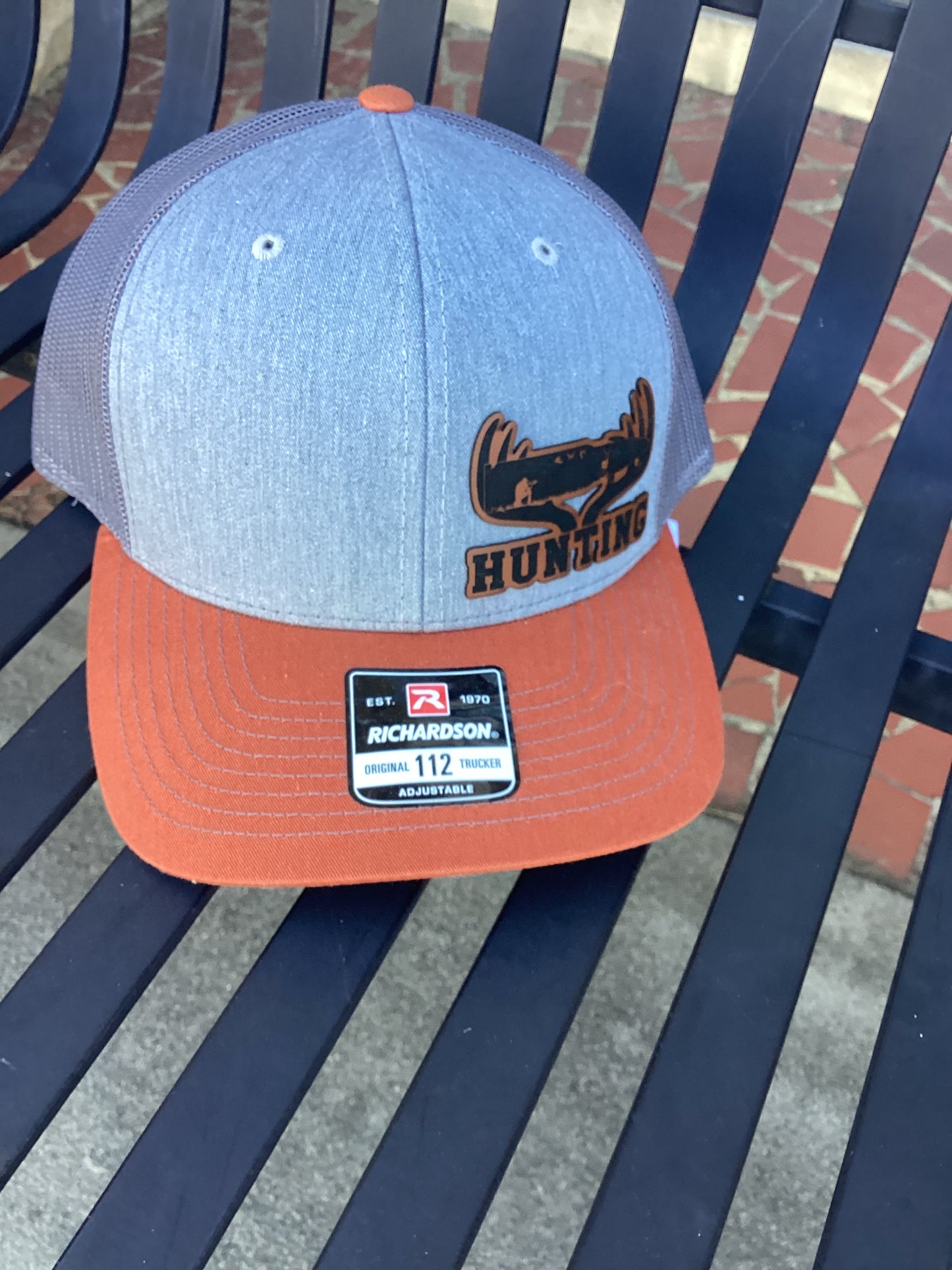 Heather Gray, Charcoal, and Orange Trucker Hat with Custom "HUNTING" Leather Patch