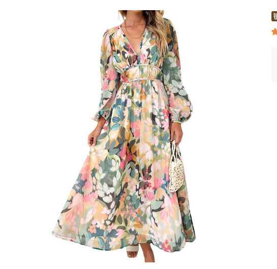 Bohemian female Long Lantern Sleeves Dress-Boho deep V printing high waist casual dress for women