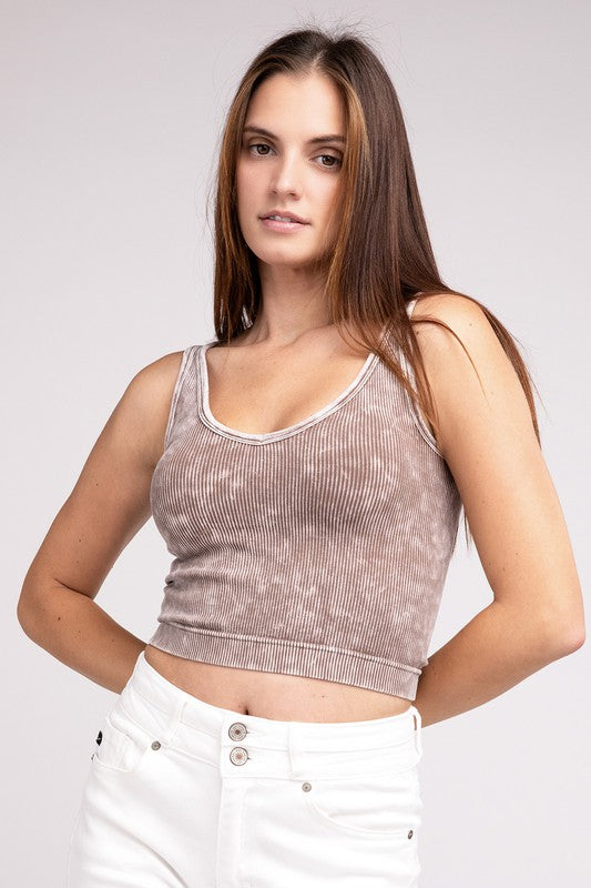 2 Way Neckline Washed Ribbed Cropped Tank Top (2 Color Options)