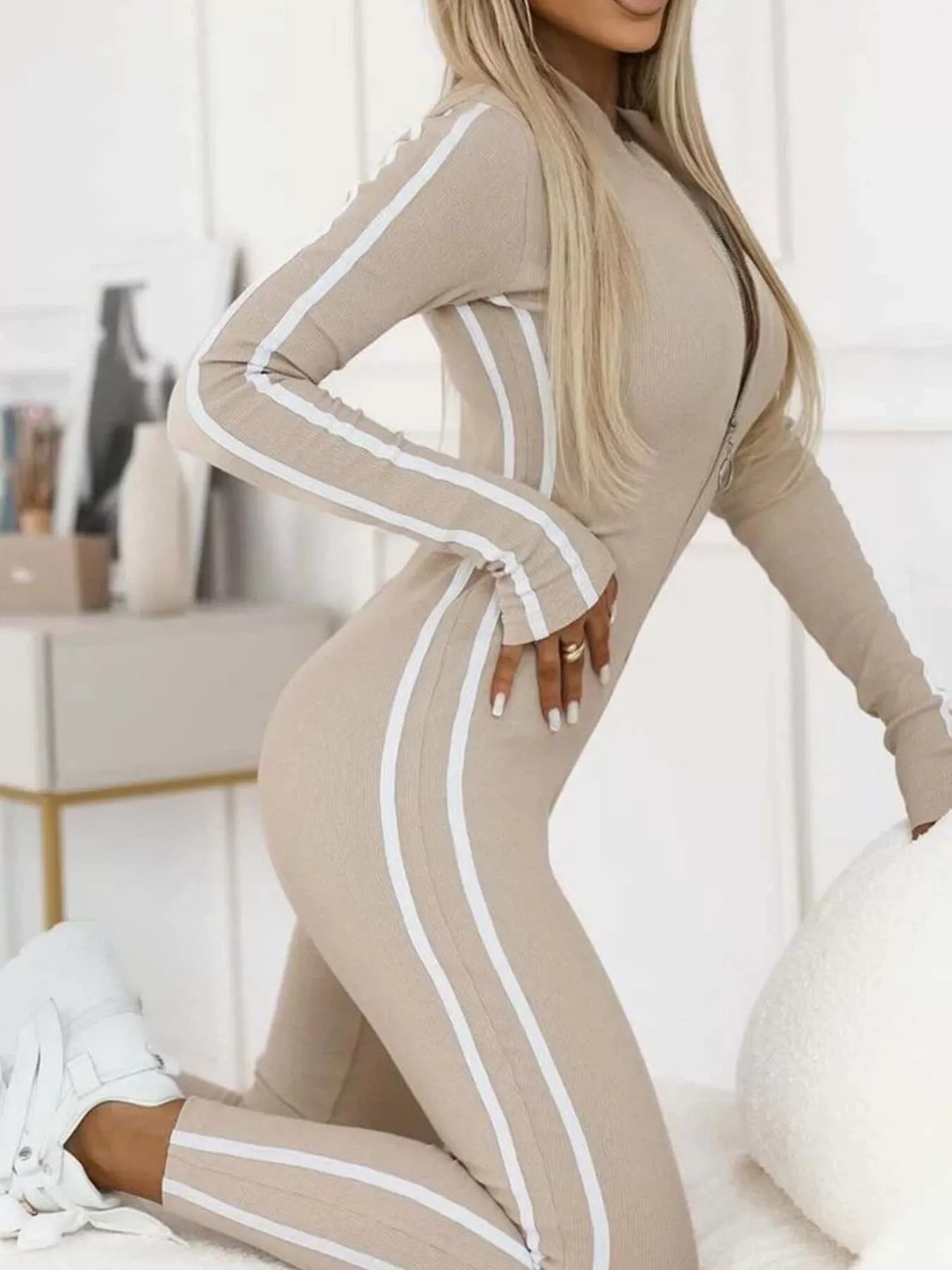 Stripe Zip-Front Long Sleeve Jumpsuit (3 Colors)