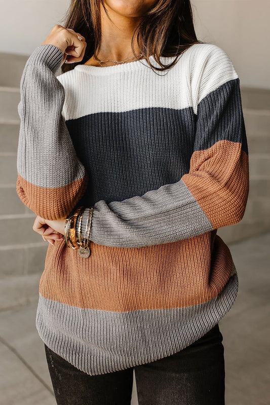 Chestnut Color Block Knitted O-neck Pullover Sweater (3 Colors)