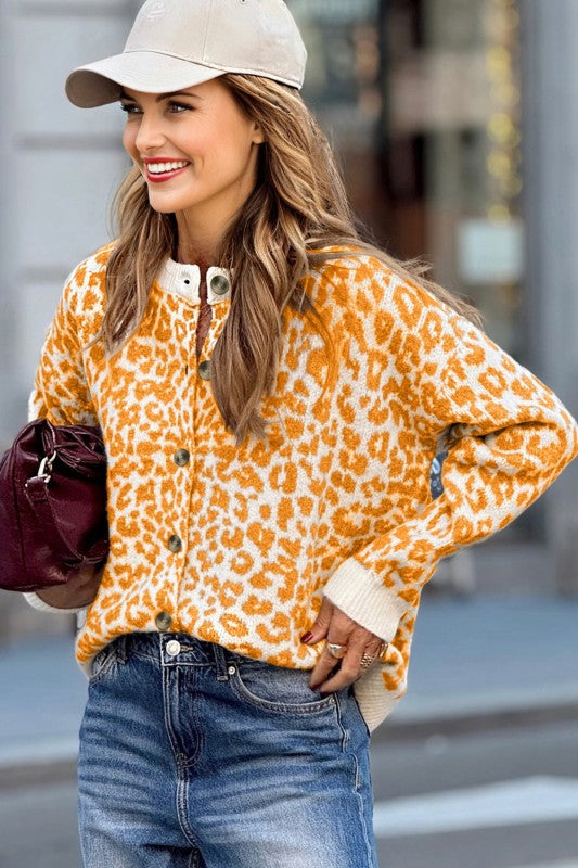 Leopard Drop Shoulder Chunky Cardigan Sweater