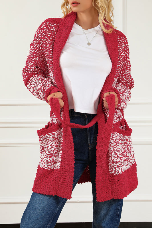 Red Contrast Trim Belted Chunky Cardigan