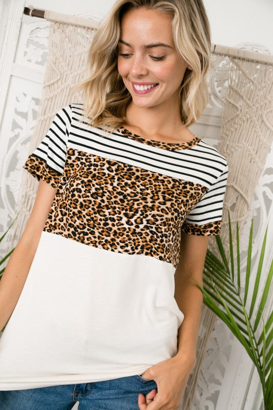 Solid Stripe Animal Mixed Round Neck Boxy Top