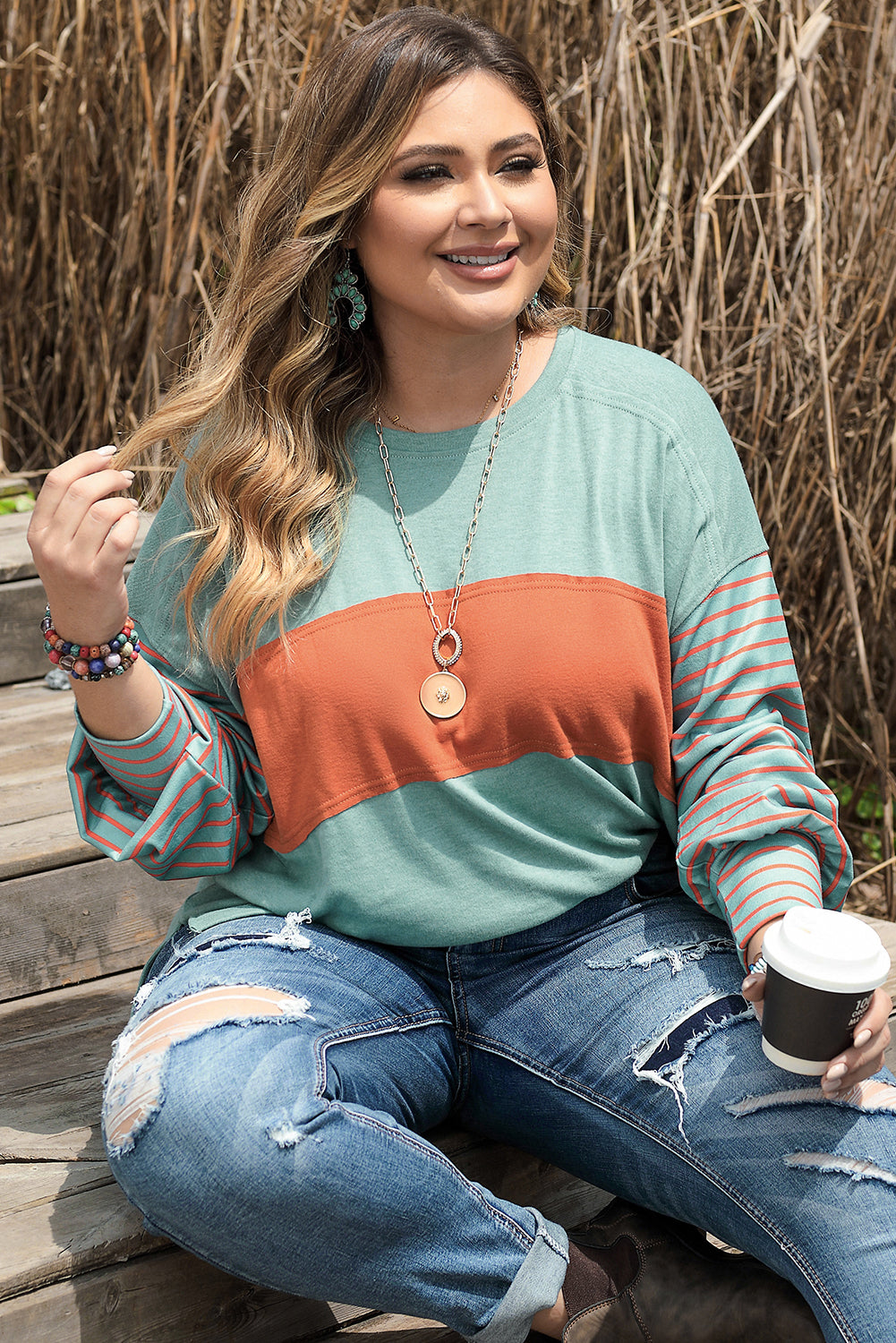 Green Plus Size Striped Long Sleeve Colorblock Tee with Slits