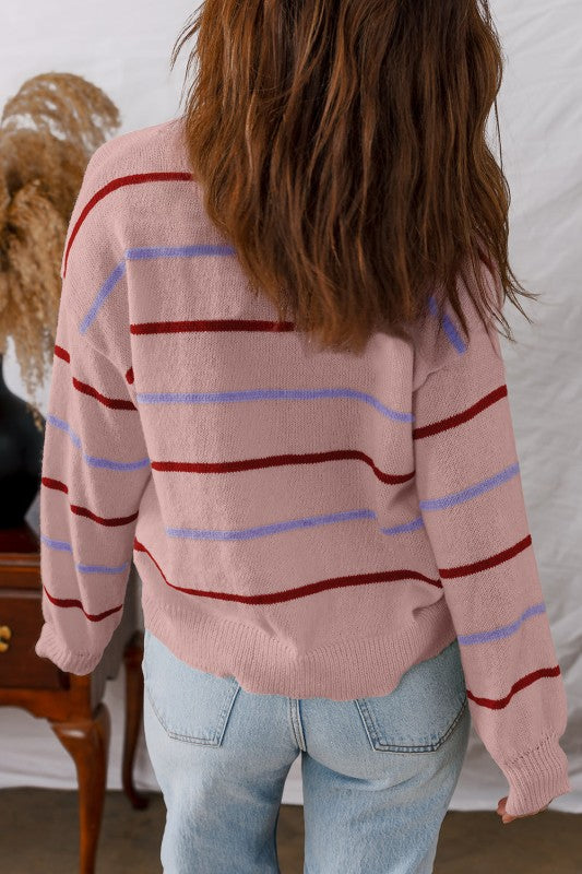 Stripe Ribbed Trim Drop Shoulder Sweater