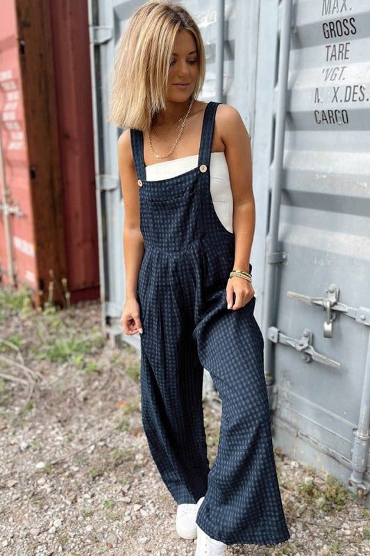 Plaid Print Buttoned Pocketed High Waist Jumpsuits