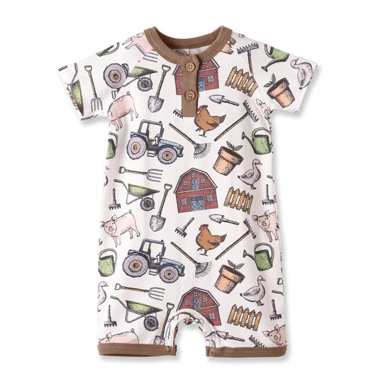 Farmer's Market Baby Boy Shortall Romper–Soft Bamboo