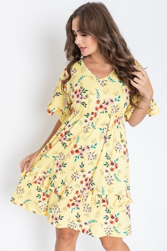 Floral V Neck Ruffle Dress (2 Colors)