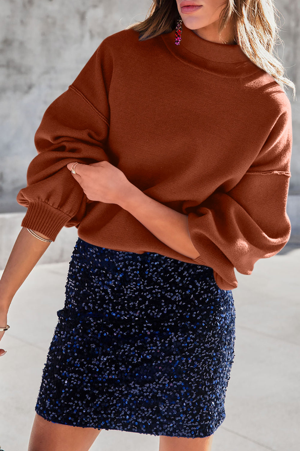 Brown Turtleneck Drop Shoulder Bubble Sleeve Knit Sweater
