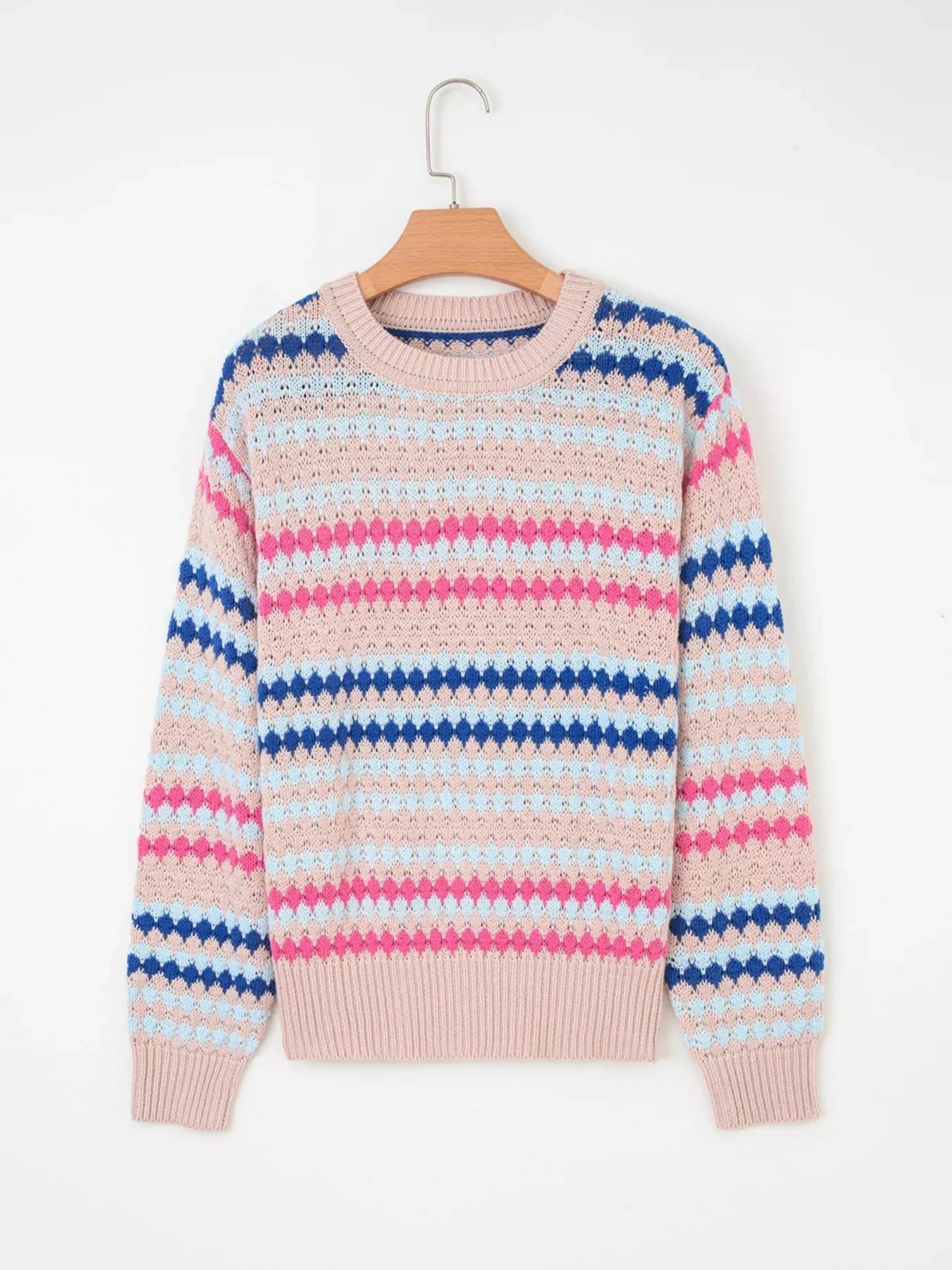 Women's Stripe Eyelet Patterned Drop Shoulder Sweater