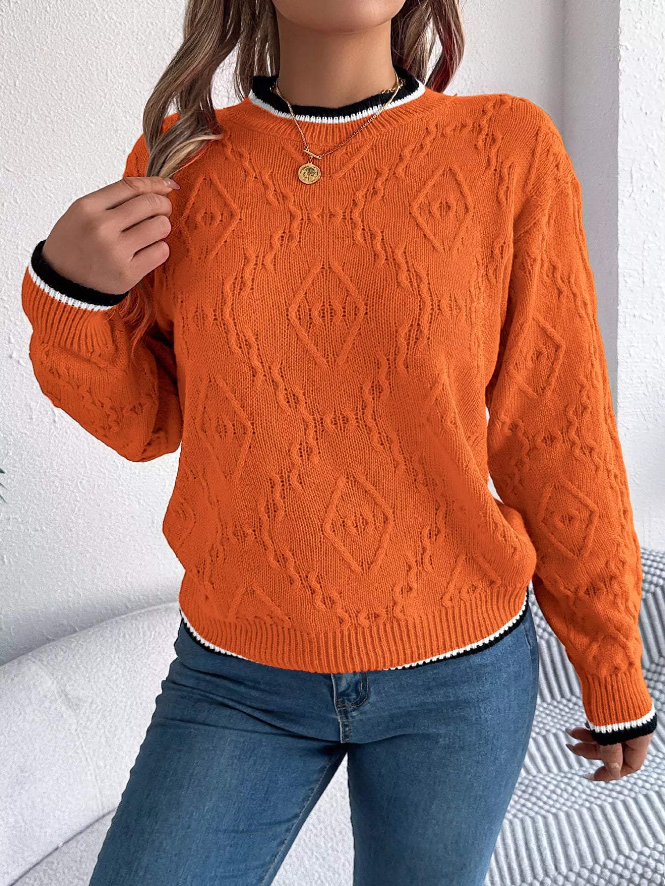 Contrast Trim Round Neck Sweater (3 Colors)