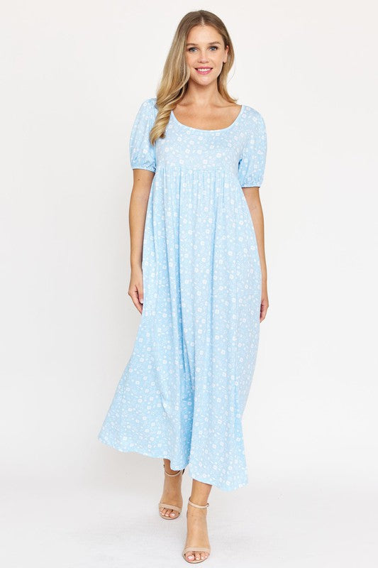 Empire Waist Floral Puff Sleeve Dress (3 Color Options) Light Blue / XL Empire Waist Floral Puff Sleeve Dress (3 Color Options) Light Blue / XL
