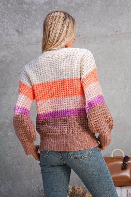 Waffle stitch multi color bold stripe sweater