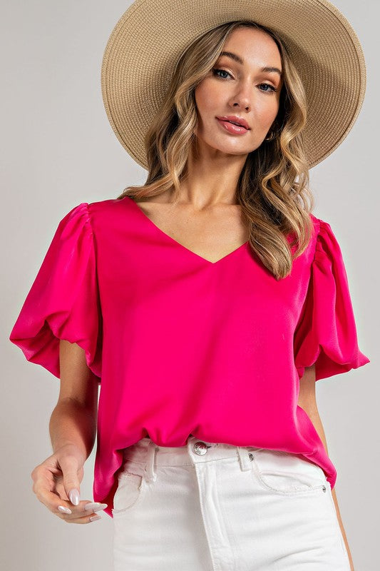 V-Neck Puff Sleeve Blouse Top (4 Colors)