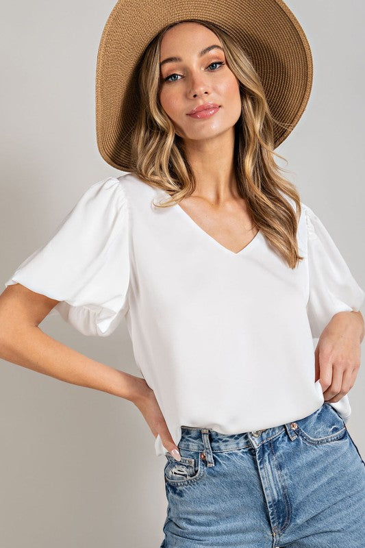 V-Neck Puff Sleeve Blouse Top (4 Colors)