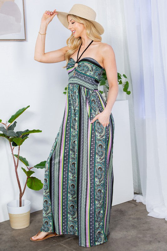 Cut Out Wide Leg Halter Jumpsuit with Pockets