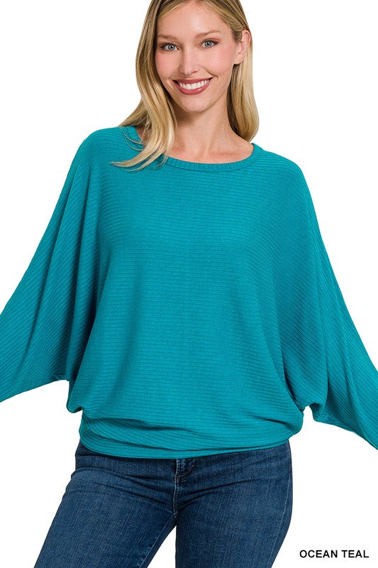 Ribbed batwing long sleeve boat neck sweater
