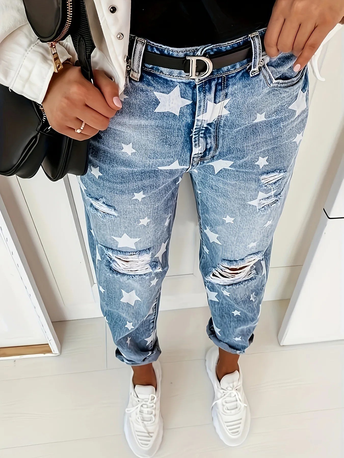 Star Print Distressed High Waist Boyfriend Jeans (2 Colors)