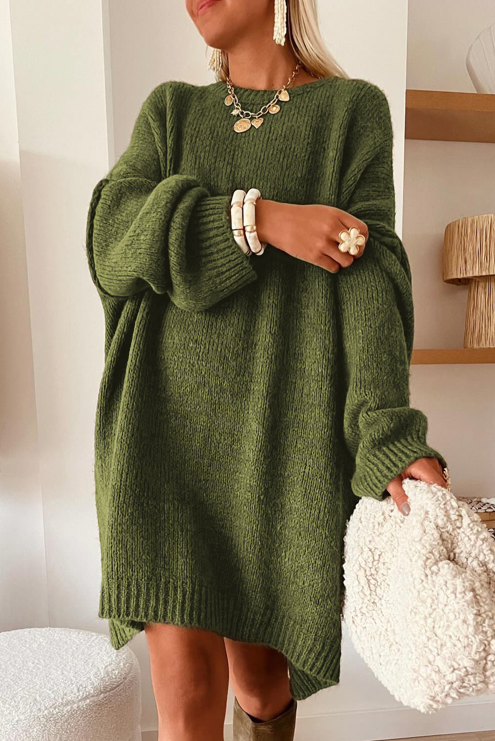 Green Oversize Drop Shoulder Slouchy Sweater Dress