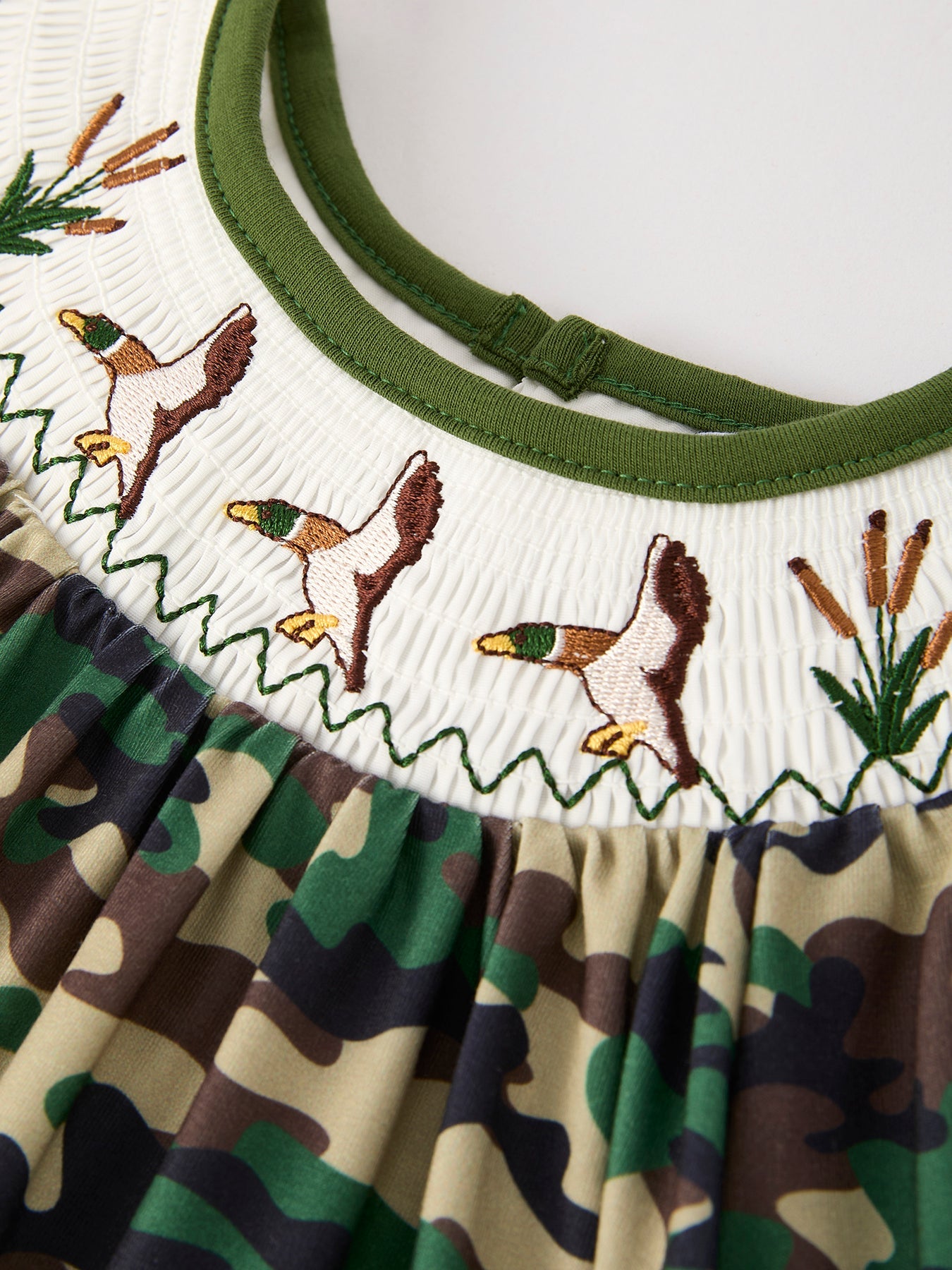 Camouflage Duck Smocking Embroidery Girls Dress