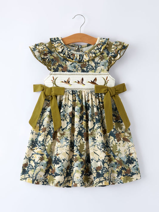 Camo Duck Smocked Bow Ruffle Sleeves Girls Dress