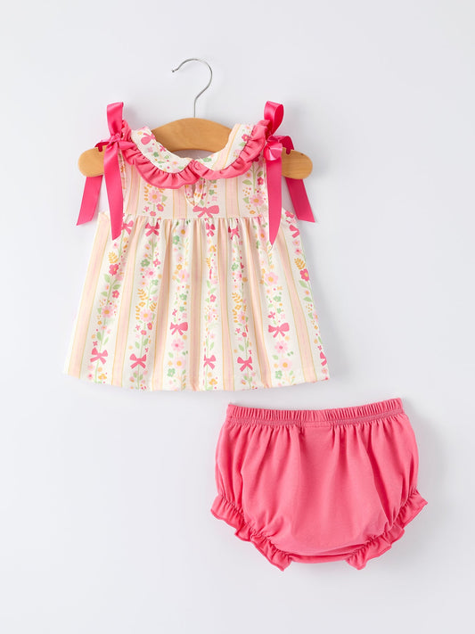 Floral Bow Ruffle Girl Bloomer Set
