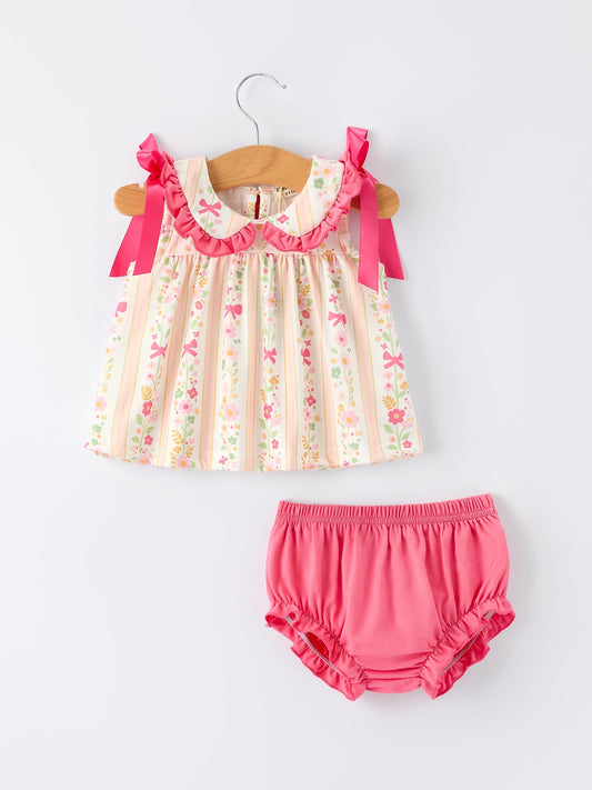 Floral Bow Ruffle Girl Bloomer Set