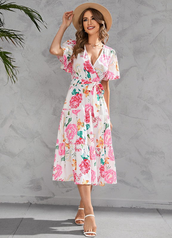 V-neck Floral Tiered Midi Dress