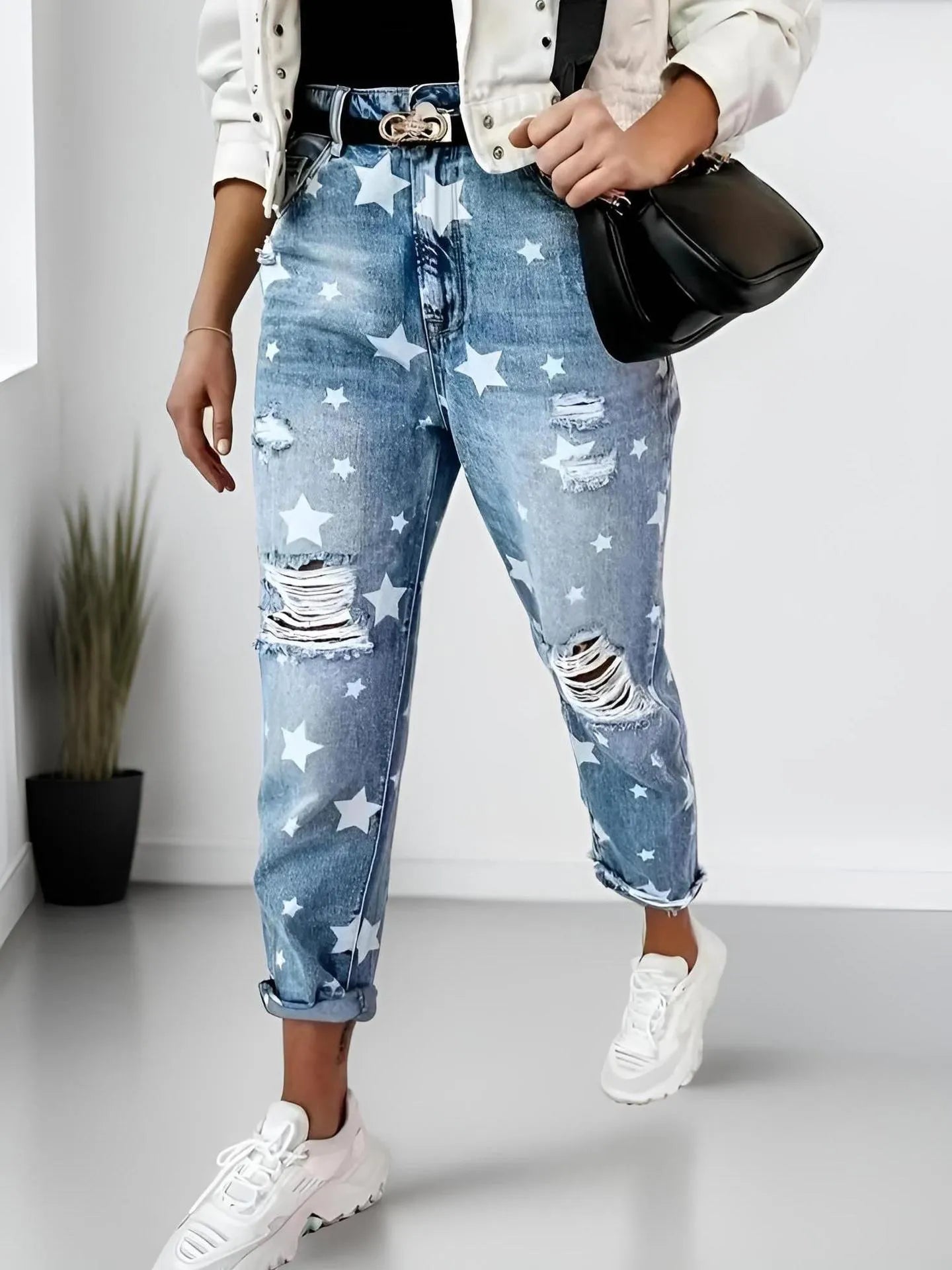 Star Print Distressed High Waist Boyfriend Jeans (2 Colors)