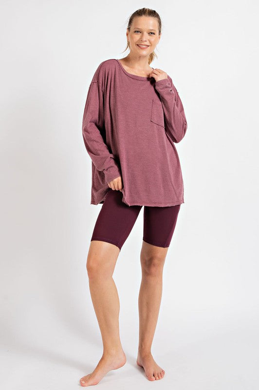 Mineral washed round neckline long sleeve top