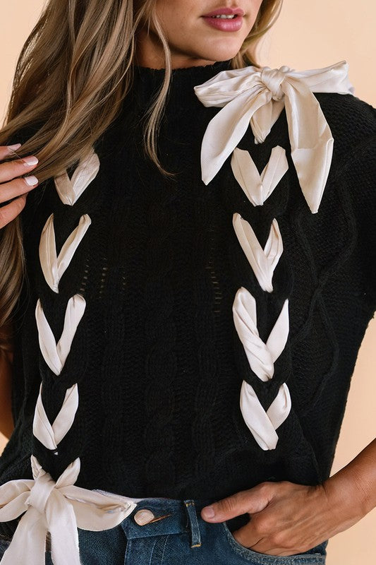 Cable Knit Satin Bowknot SPRING Sweater