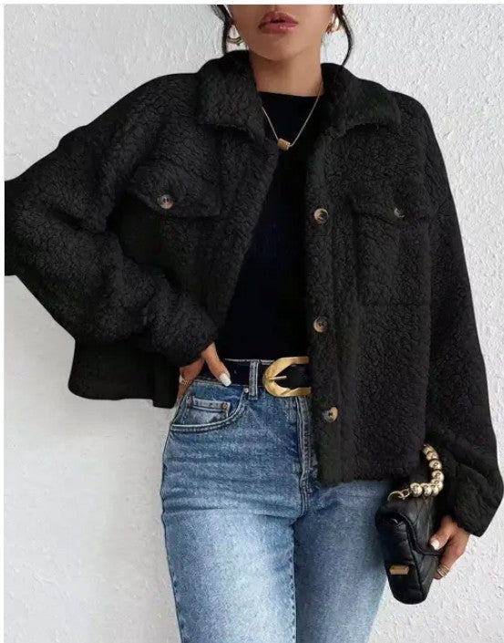 Miss Sparkling |Collared Button Faux Fur Short Coat