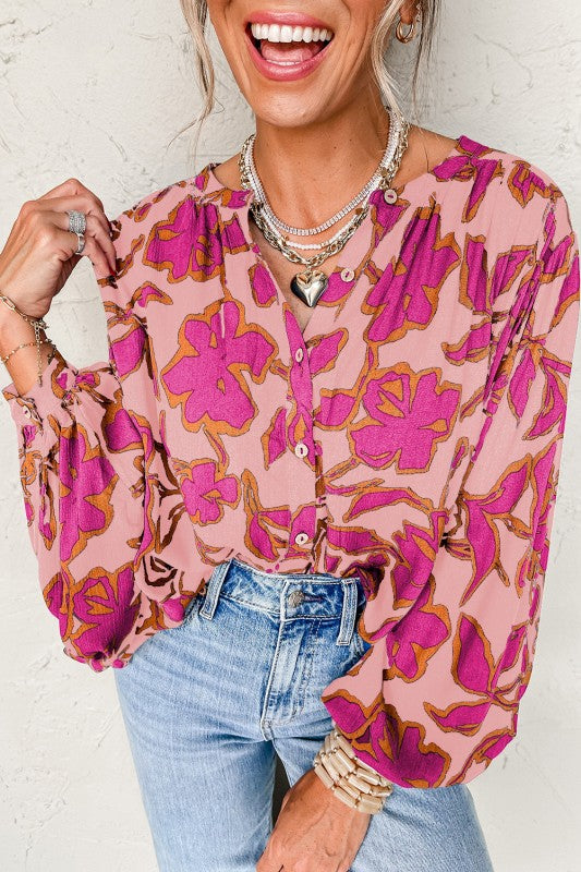 Floral Print Batwing Sleeve Buttoned Fit Shirt
