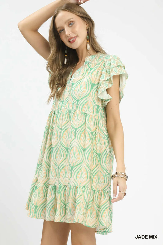 Umgee Mix Printed Flutter Sleeve Dress