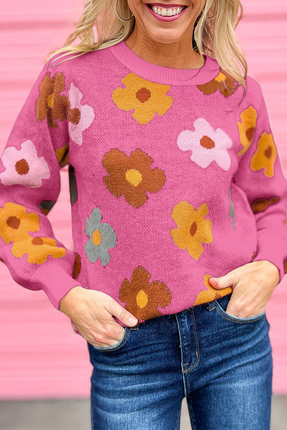 Pink Sweet Flower Knitted Ribbed Hem Sweater (3 Colors)